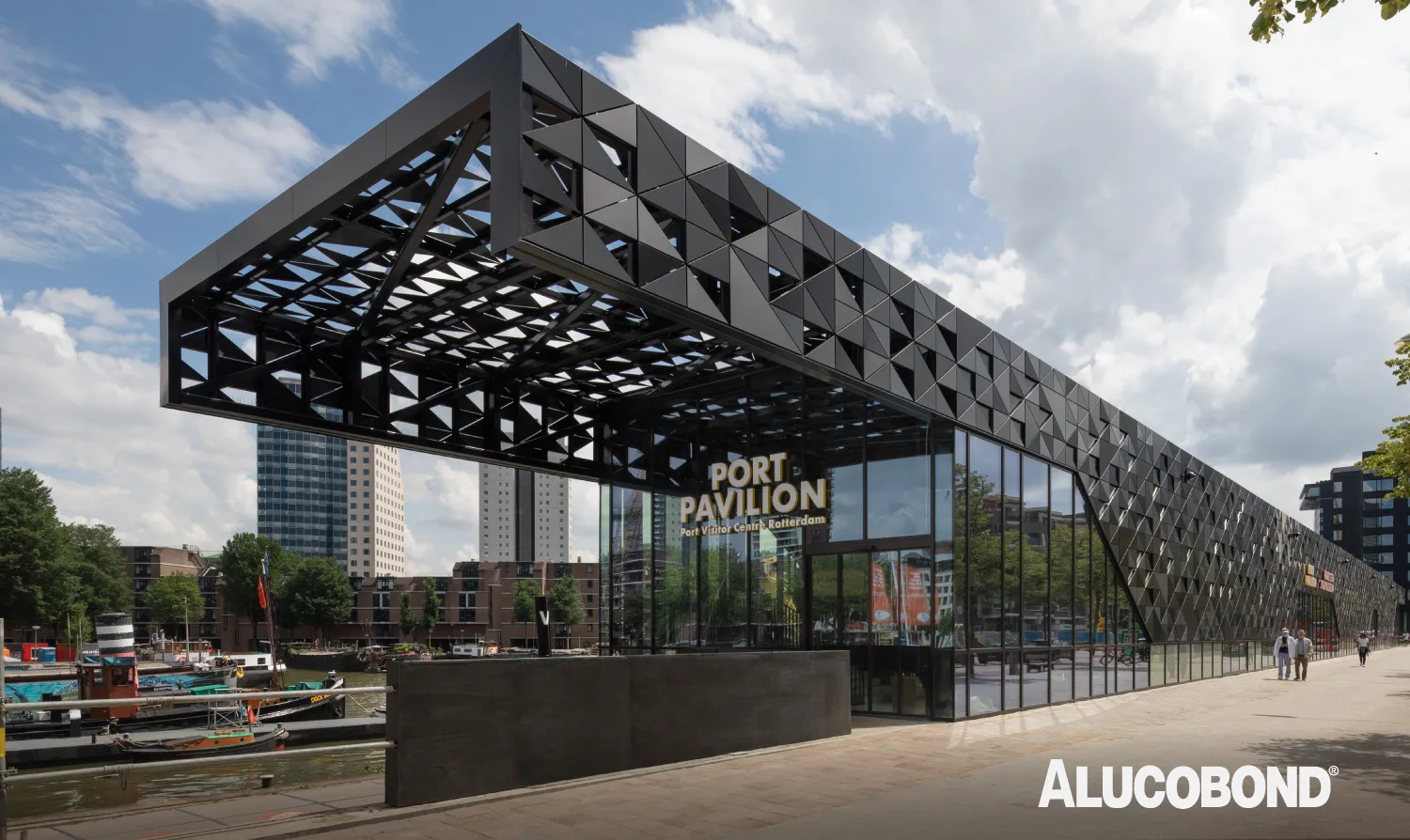 <strong>Project name</strong>: Port Pavilion | <strong>Architect</strong>: Moederscheim Moonen Architects | <strong>Fabricator/Installer</strong>: Allpro BV | <strong>Colour</strong>: Black 326, Anthracite Grey 105, Anodized Look C34, Jet Black 363 | <strong>Completed year</strong>: 2021