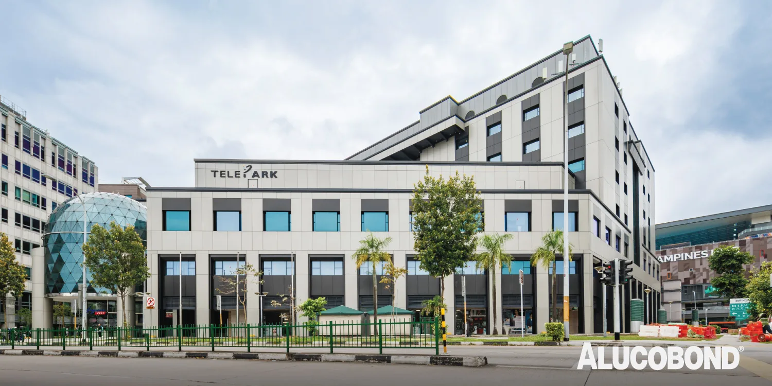 <strong>Project:</strong> Telepark | <strong>Architect:</strong> Façade Consultant – Arup Singapore, Architect – Chansez Pte. Ltd. | <strong>Fabricator/Installer:</strong> Evergreen Engineering & Construction Pte. Ltd. | <strong>Colour:</strong> Anodized Look C31/A001, C34/A004, Grey Metallic 502 | <strong>Completed year:</strong> 2023