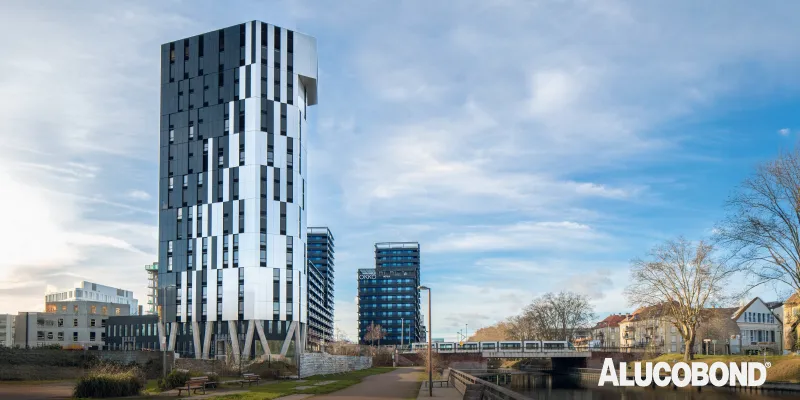 Tour Elithis Strasbourg – ALUCOBOND® A2 & PLUS Facade Tour Elithis Strasbourg featuring ALUCOBOND A2 and PLUS facade panels in naturAL brushed and black finishes