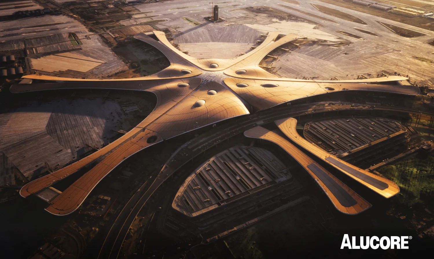 Modern architecture enhanced with ALUCORE® <strong>aluminium honeycomb panels</strong>.