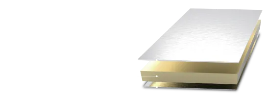 Diagram illustrating the cross-section of an ALUCOBOND PLUS fire-rated composite panel, showing the two aluminium cover sheets and the non-flammable mineral-filled core
