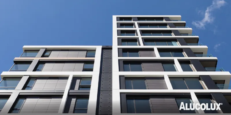 Alucolux anodised-look aluminium panels in Pure White, Anodic Dark Grey, and Pale Oak used on 30 Madden project