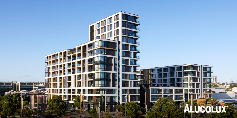 Alucolux anodized-look aluminium panels in Pure White, Anodic Dark Grey, and Pale Oak used on 30 Madden project