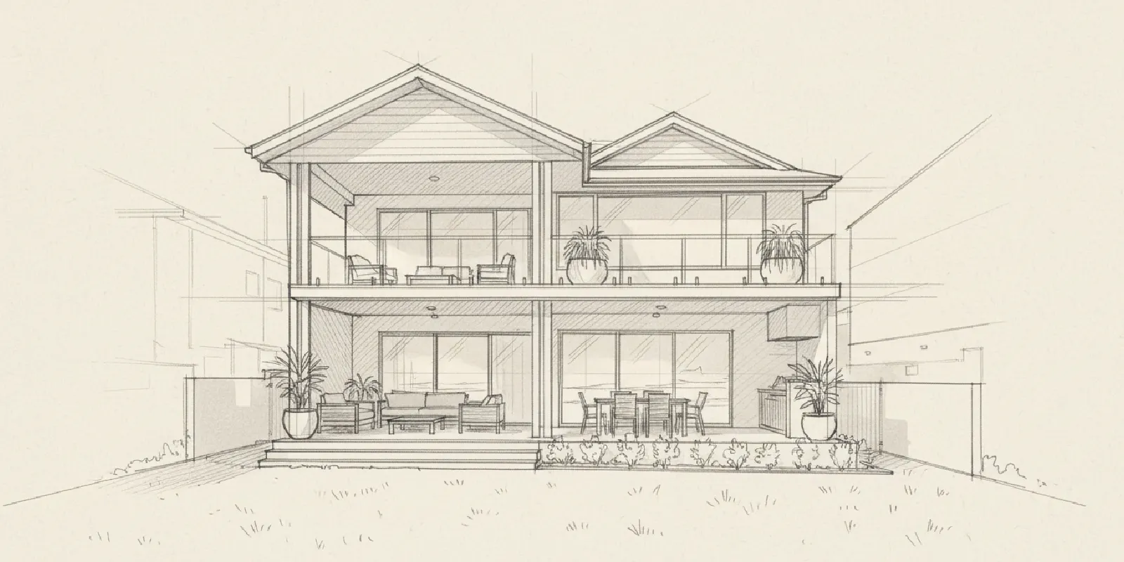 Architectural sketch of a Hampton style facade designed with ALUCOLUX® solid aluminium panels for premium exterior cladding.