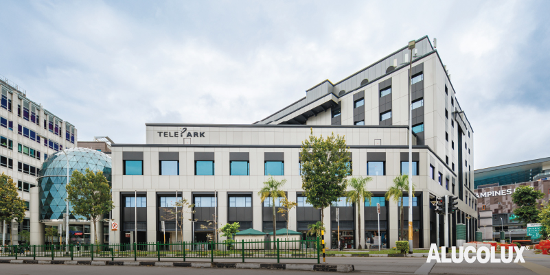 Telepark Façade with Alucolux Aluminium Panels in Anodized Look and Grey Metallic Finish by Arup Singapore and Evergreen Engineering Telepark Project Cladding with Alucolux Anodized Look Aluminium Panels in C31/A001, C34/A004 and Grey Metallic 502 by Arup Singapore and Evergreen Engineering